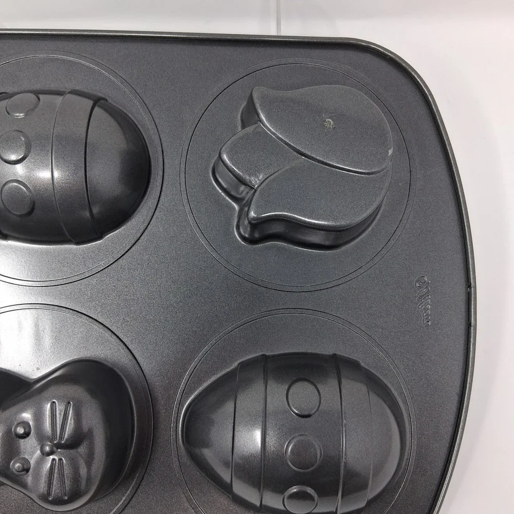 Wilton Easter Non-Stick 6 Cavity Baking Pan Bunny Egg Tulip Shapes Gray Steel
